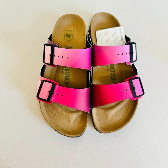 BIRKENSTOCK ARIZONA VEGAN OMBRE PINK AND PURLE SLIDE SANDALS 9/40 - Picture 2 of 8